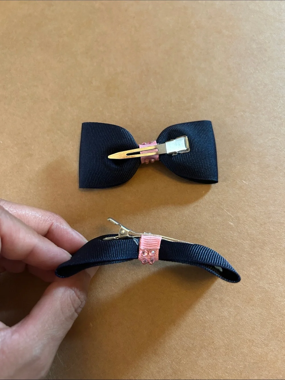 Navy Bow Hair Clips with Pink Rhinestone Center - Kids Accessories